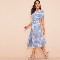 Lady Pleated Detail Belted Flippy Hem Striped Maxi Dress Women Casual Cotton High Waist Puff Sleeve Summer Dress Blue